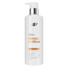 Dove Derma Scalp front bottle showing label and 16 fl oz size, clear anti‑flake benefit