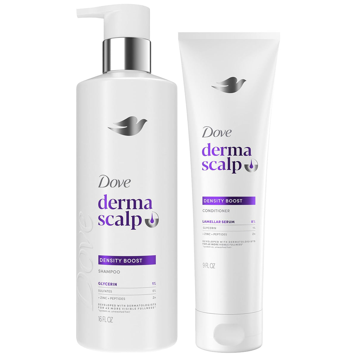 Dove Derma Scalp front packaging showing full shampoo and conditioner set and benefit