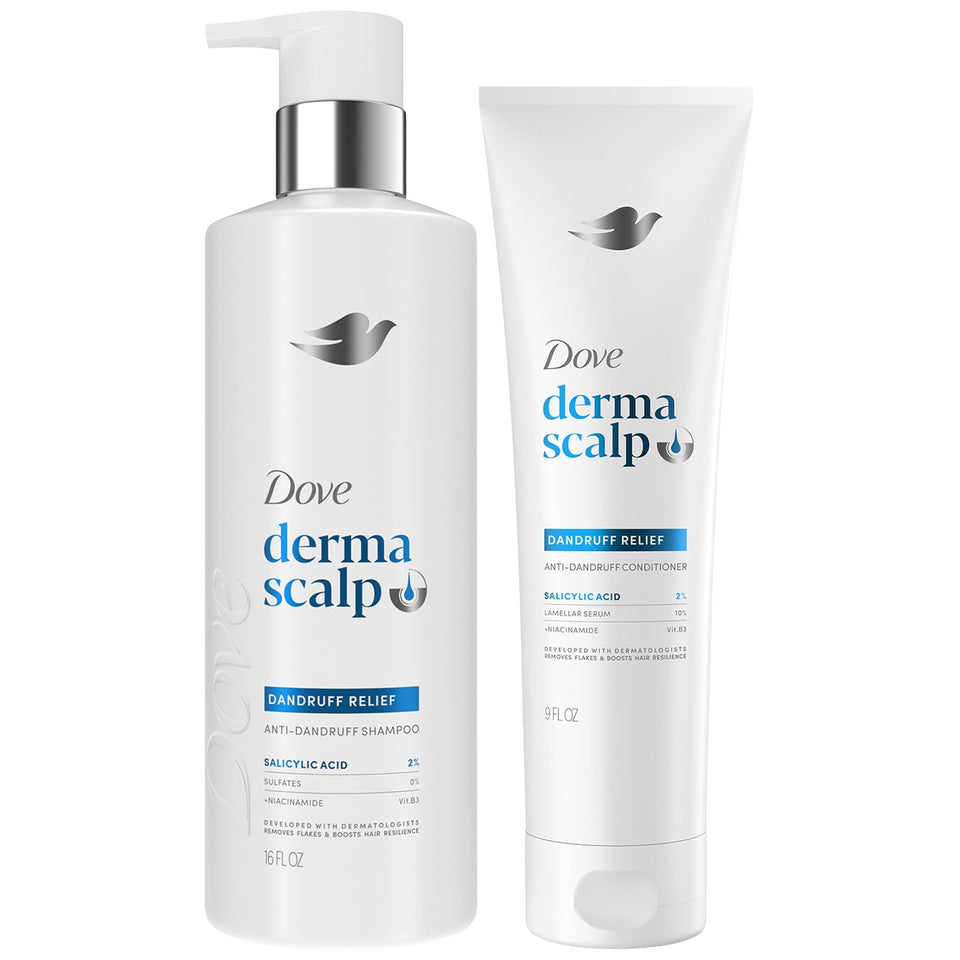 Dove front packaging showing both shampoo and conditioner, clear dandruff benefit