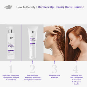 Dove Derma Scalp bottles in hands showing size and travel-friendly benefit