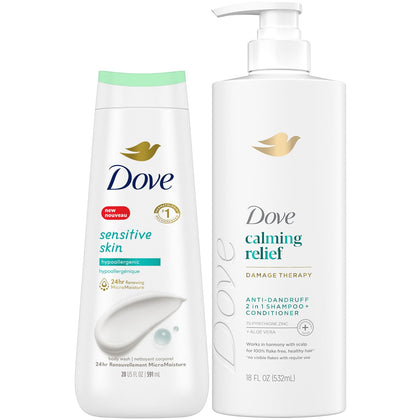 Dove derma care front packaging shows calming relief duo and benefits