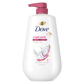 Dove bottle front view showing dragon fruit coconut scent and moisturizing benefit