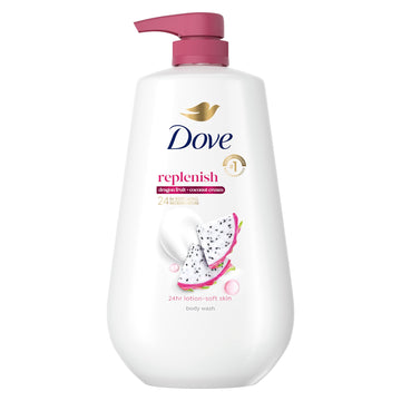 Dove bottle front view showing dragon fruit coconut scent and moisturizing benefit