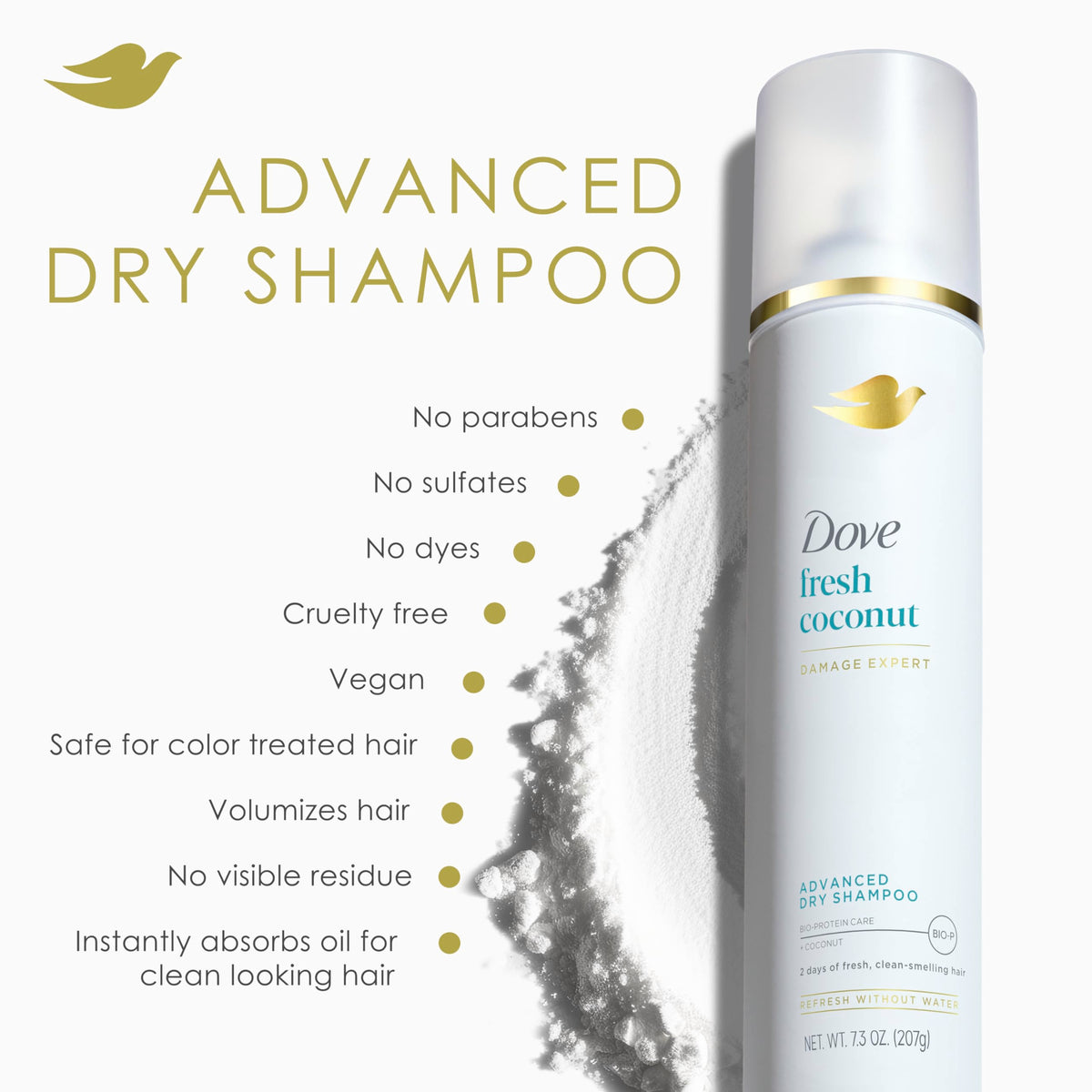 Dove being sprayed at roots to absorb oil and restore volume benefit
