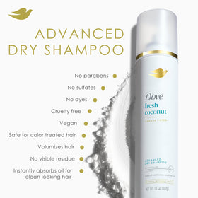 Dove being sprayed at roots to absorb oil and restore volume benefit