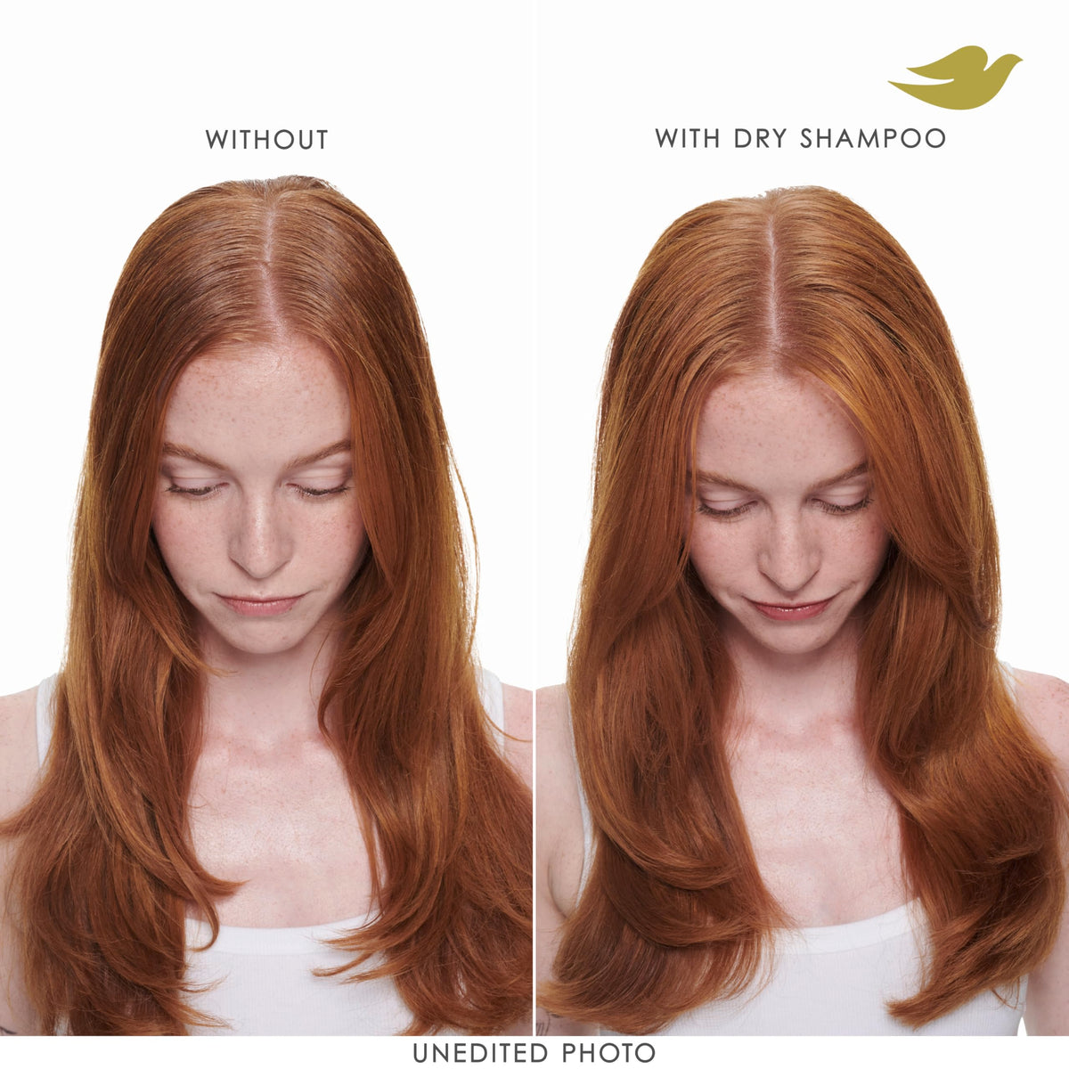 Before and after roots with Dove dry shampoo for visible volume