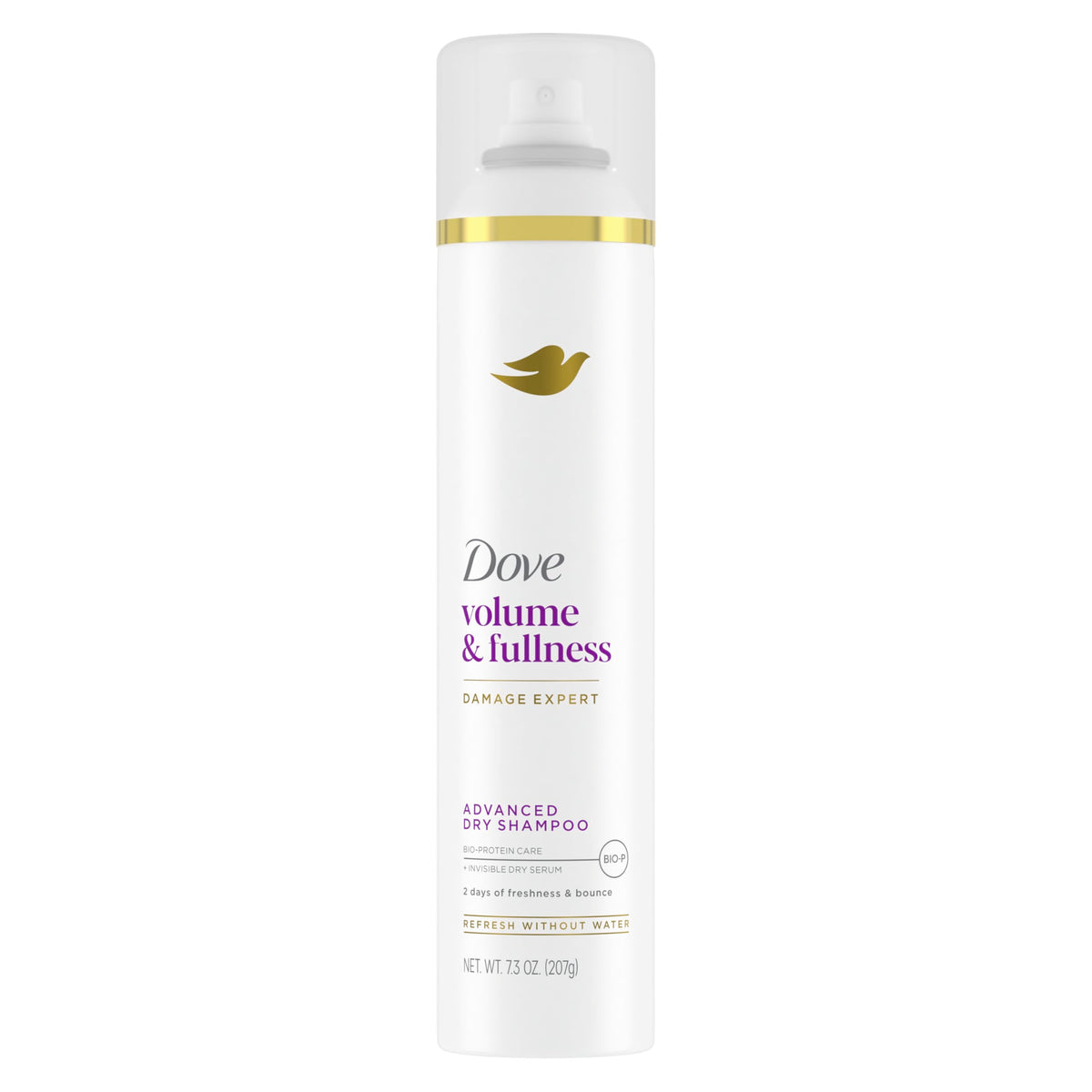 Dove dry shampoo front packaging showing bottle and benefit