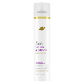 Dove dry shampoo front packaging showing bottle and benefit