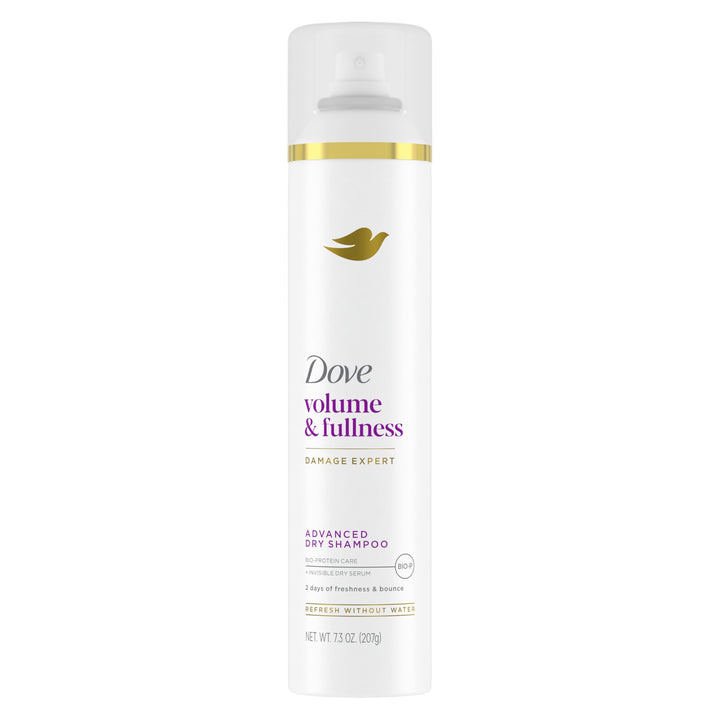 Dove dry shampoo front packaging showing bottle and benefit