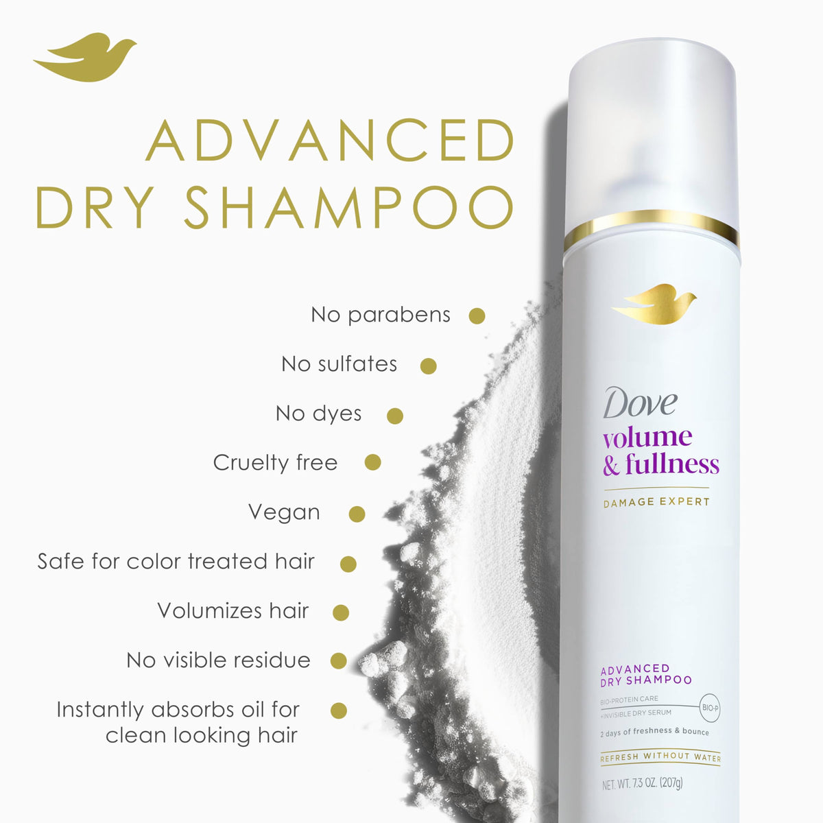 Dove 7.3 oz dry shampoo held next to a hand showing actual size