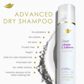 Dove 7.3 oz dry shampoo held next to a hand showing actual size