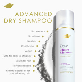 Dove dry shampoo texture on hair ends, gentle, non-greasy finish benefit