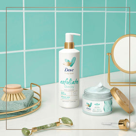 Bathroom shelf with jar staged near towel showing Dove polish in a daily routine scene