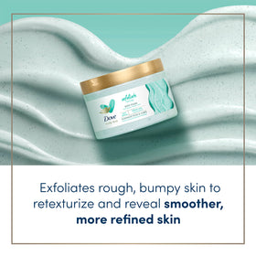 Open jar of Dove polish revealing AHA serum-infused cream for hydrated exfoliation