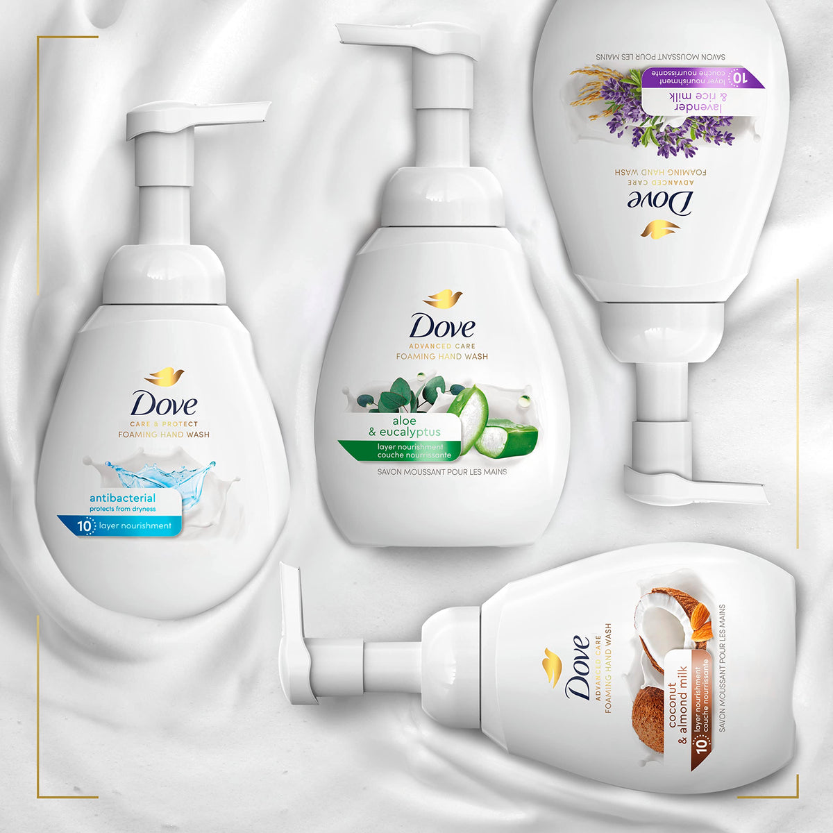 Aloe and eucalyptus beside Dove bottle, soothing natural ingredients