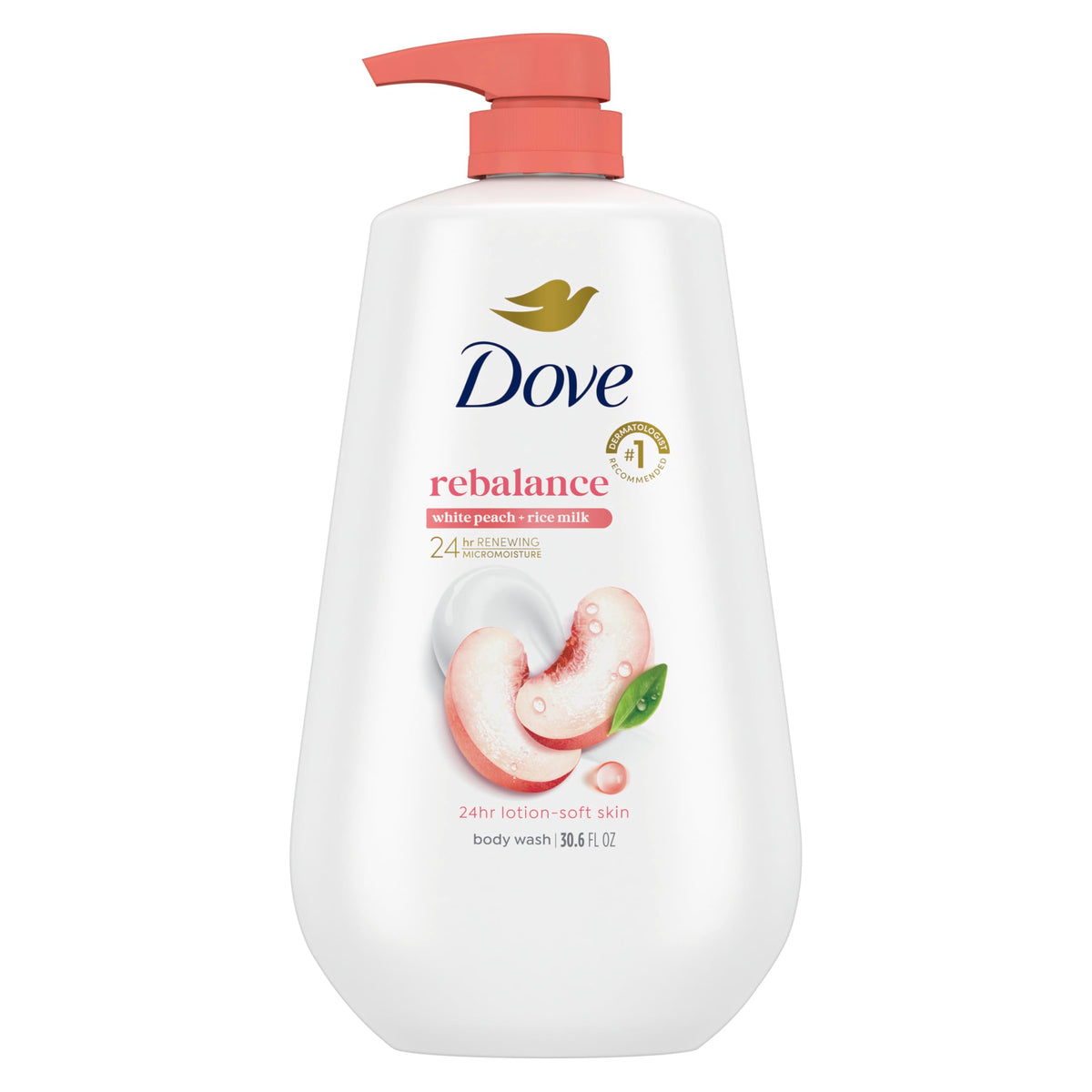 Dove bottle front view showing White Peach & Rice Milk label and moisturizing benefits