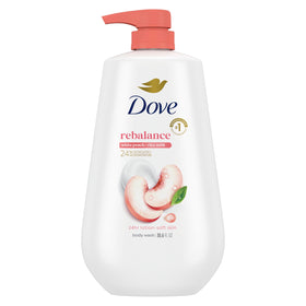 Dove bottle front view showing White Peach & Rice Milk label and moisturizing benefits