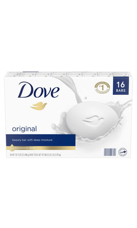 Dove front packaging 16 bars showing value pack and moisturizing benefit