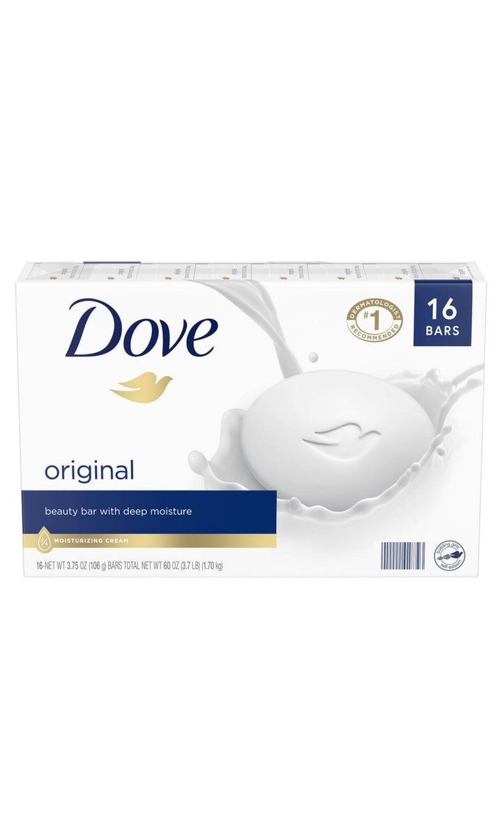 Dove front packaging 16 bars showing value pack and moisturizing benefit