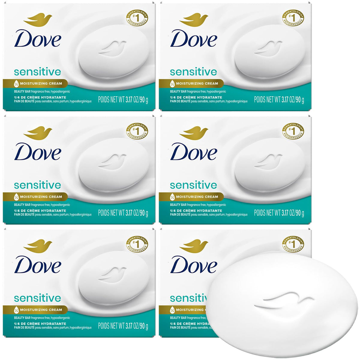 Dove front packaging 6-pack showing product and quantity for convenient supply