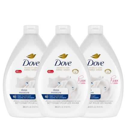 Dove front packaging showing value three-bottle pack and hydration benefits