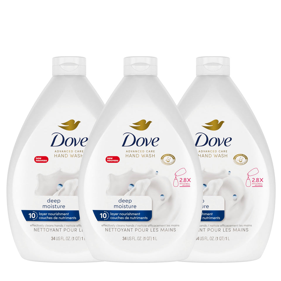 Dove front packaging showing value three-bottle pack and hydration benefits