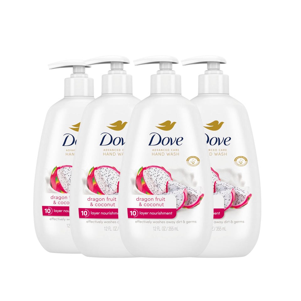 Dove front packaging showing dragon fruit and coconut scent and benefits
