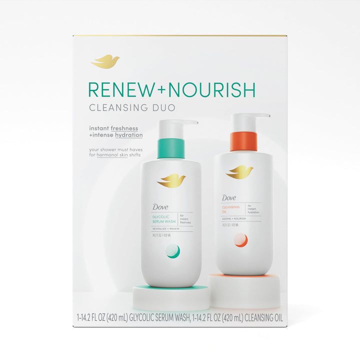 Dove front packaging showing both bottles for a balanced gift set benefit