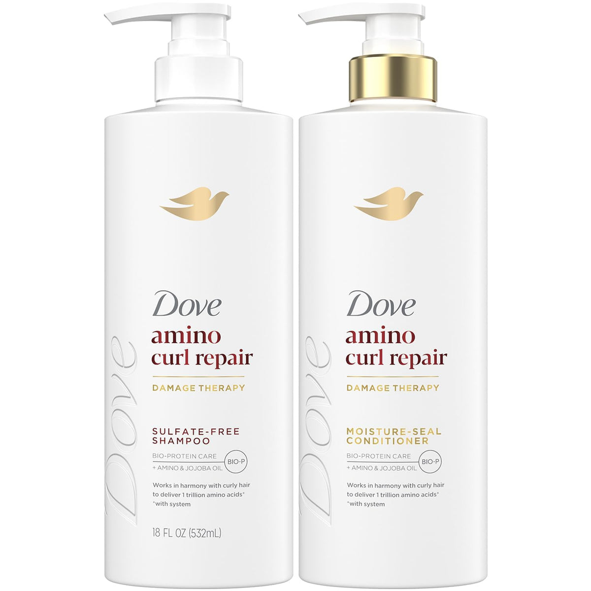 Dove front packaging showing shampoo and conditioner for clear product identification and benefit