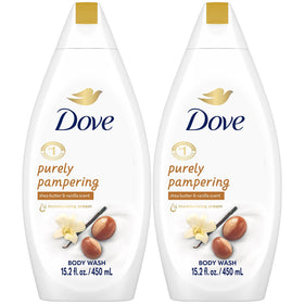 Dove front packaging showing shea butter and warm vanilla, promotes softer skin
