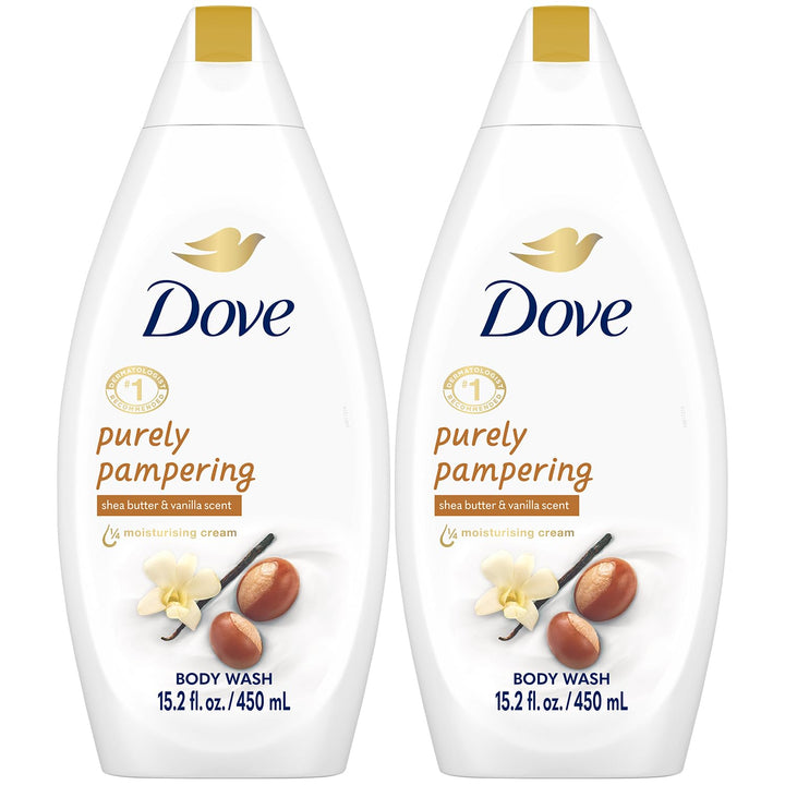 Dove front packaging showing shea butter and warm vanilla, promotes softer skin