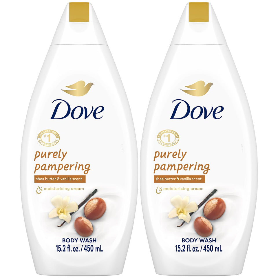 Dove front packaging showing shea butter and warm vanilla, promotes softer skin