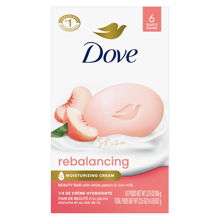 Dove front packaging showing white peach rice milk and moisturizing cream benefit