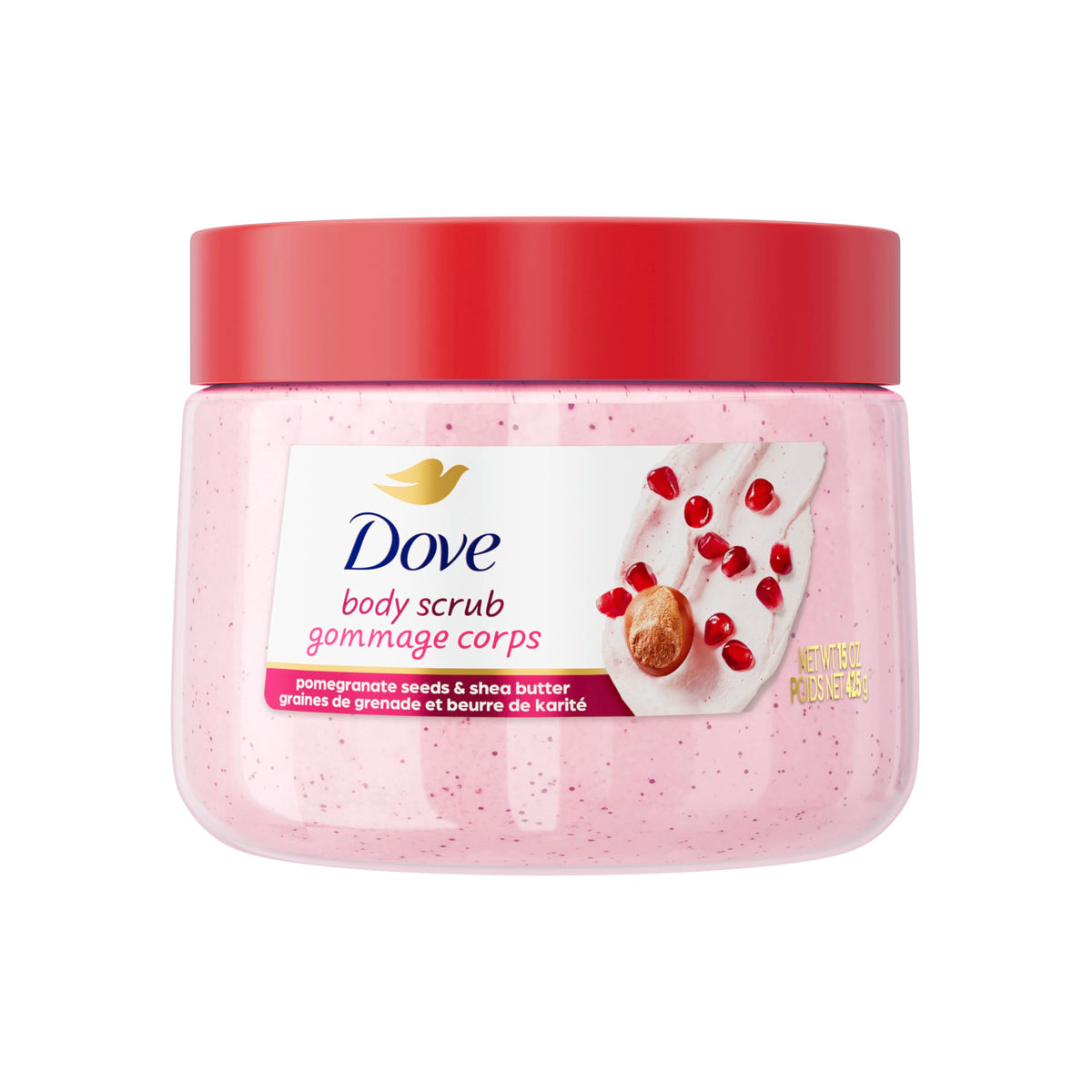 Dove front packaging jar showing label and recyclable design for easy storage