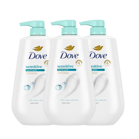 Dove front packaging showing three bottles and soothing, gentle formula benefits