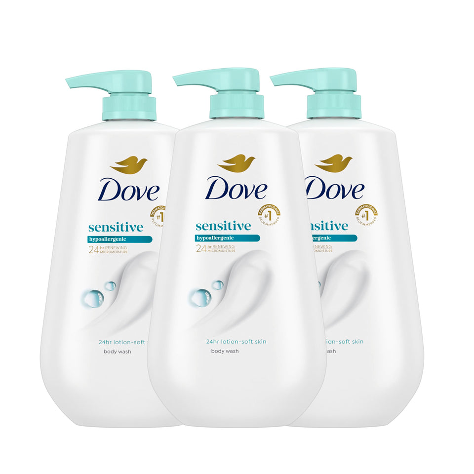 Dove front packaging showing three bottles and soothing, gentle formula benefits