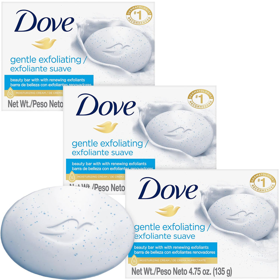 Dove beauty bar front packaging showing gentle exfoliating soap and scent benefit