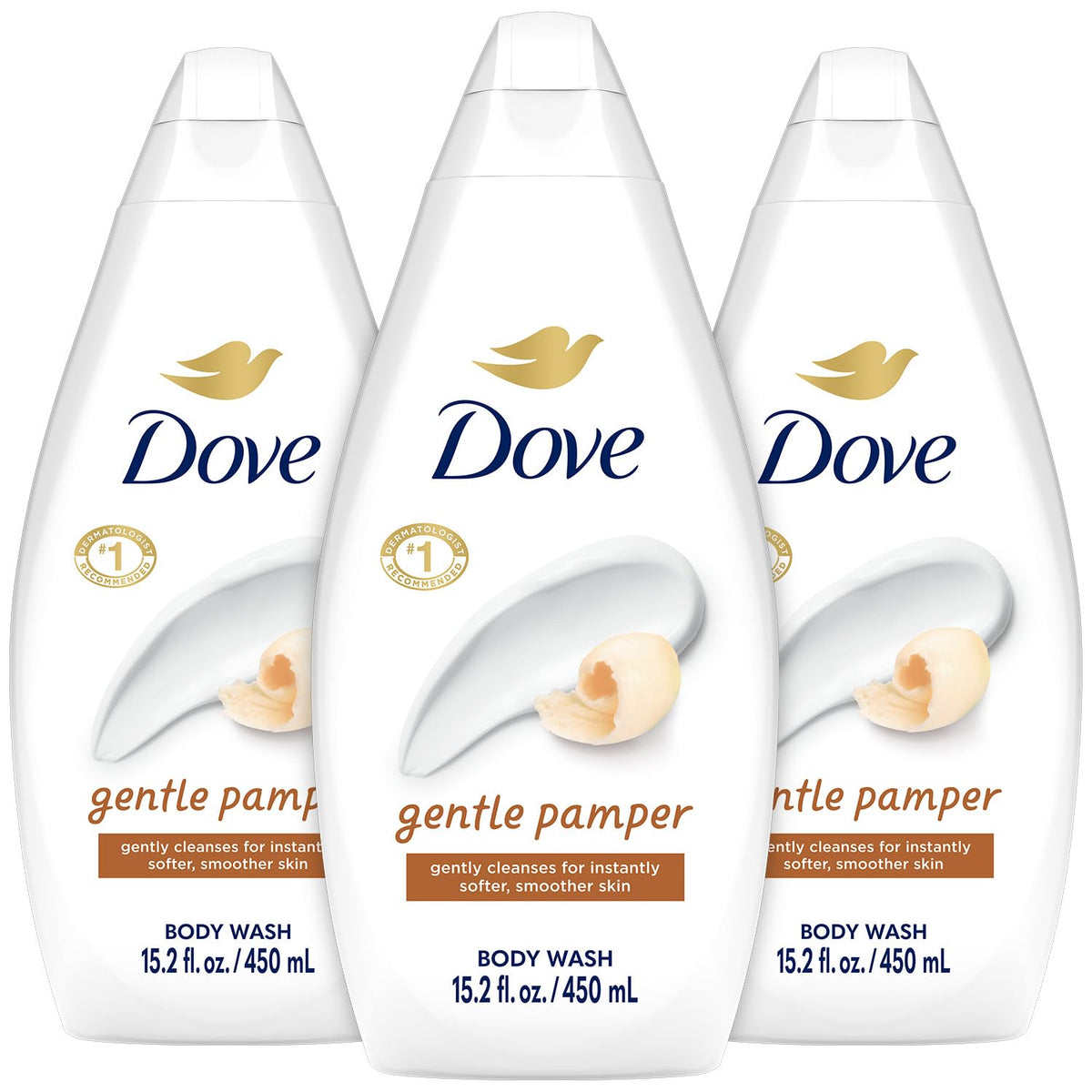 Dove Gentle Pamper front packaging showing three bottles and benefits