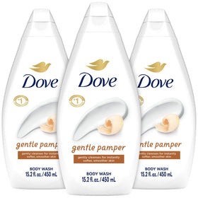 Dove Gentle Pamper front packaging showing three bottles and benefits