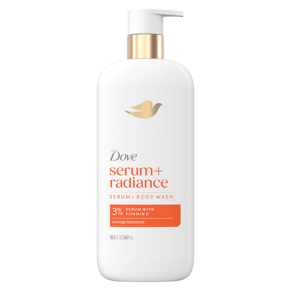 Dove front bottle with label showing glow recharge and benefits