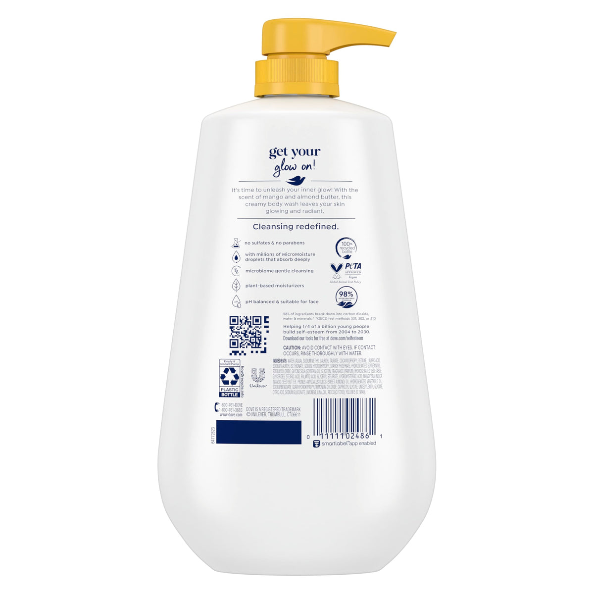 Close-up of Dove label highlighting mango and almond butter benefits