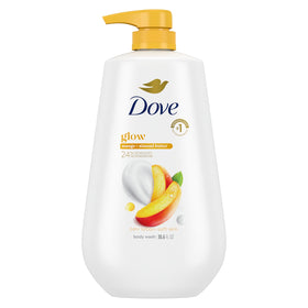 Dove bottle front pump showing branding and glowing body wash benefit