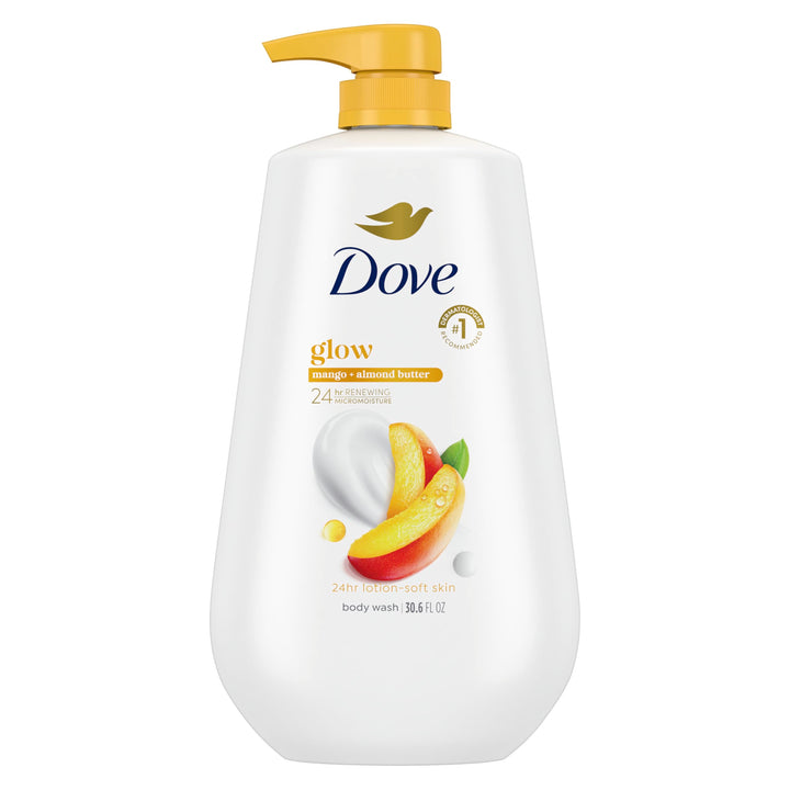 Dove bottle front pump showing branding and glowing body wash benefit
