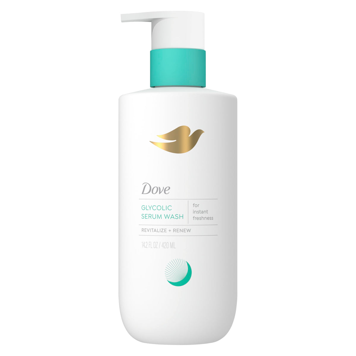 Dove bottle front packaging showing product name and renewal benefits