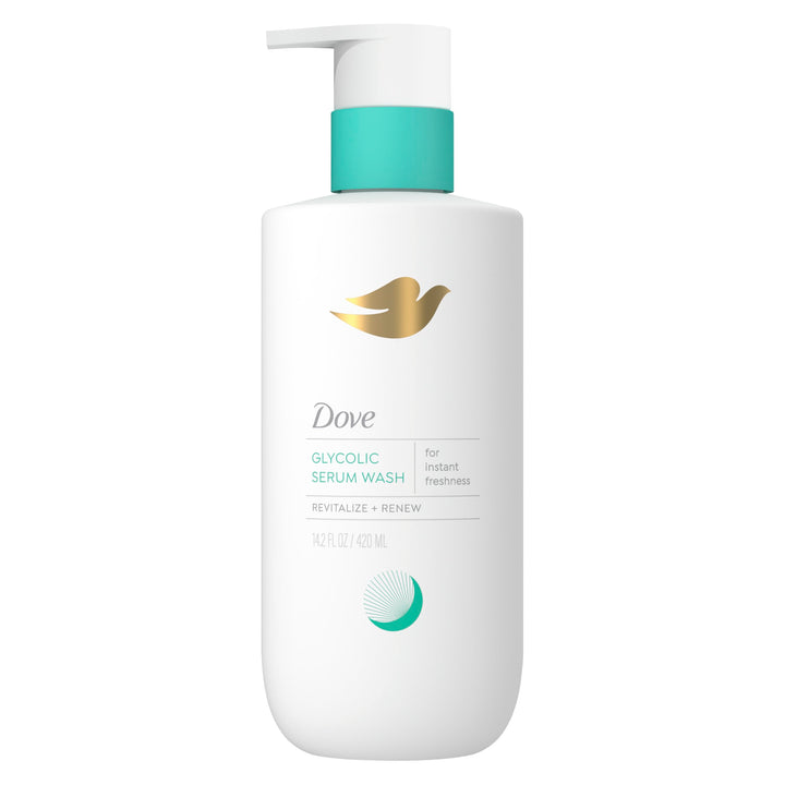 Dove bottle front packaging showing product name and renewal benefits