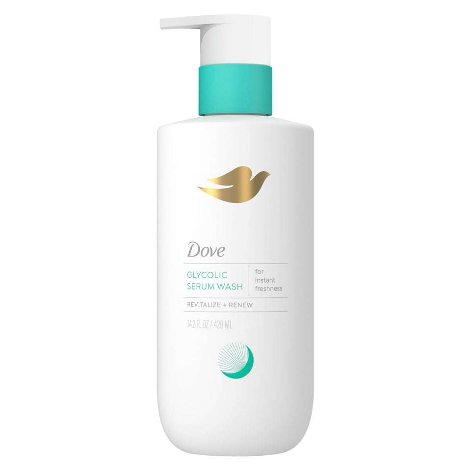 Dove bottle front packaging showing product name and renewal benefits