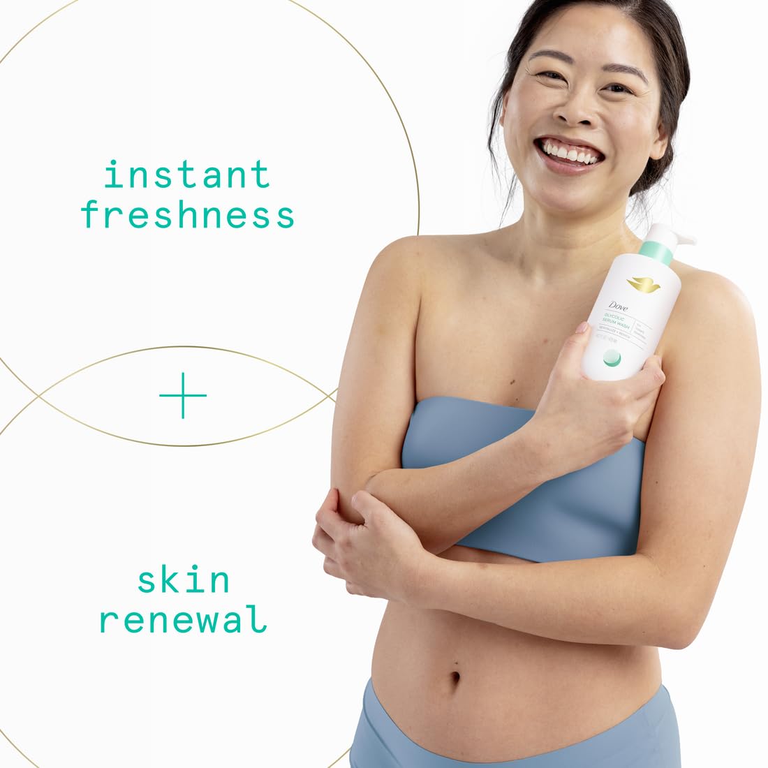 Dove pump and label close-up highlighting glycolic serum formula