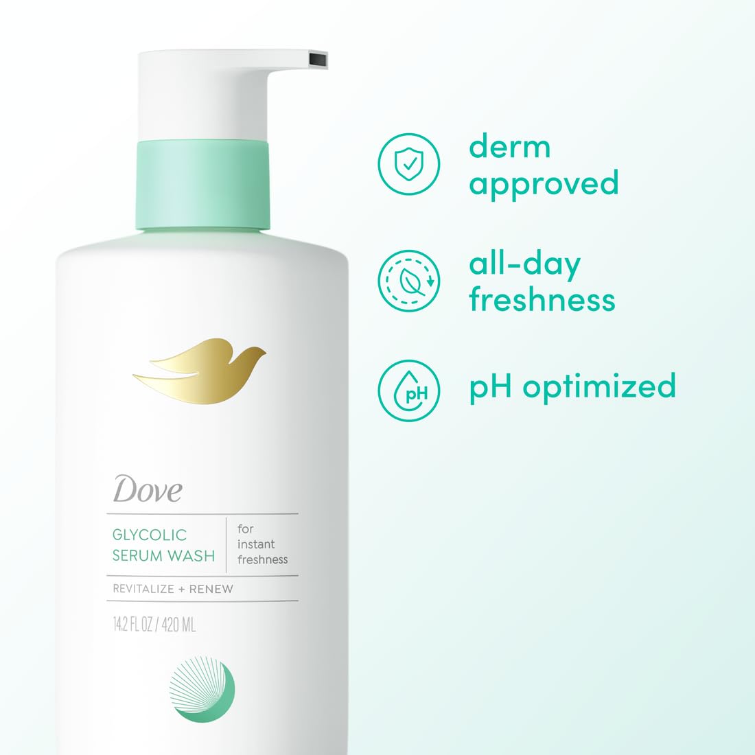 Dove bottle next to everyday items showing 14.2 oz size perspective