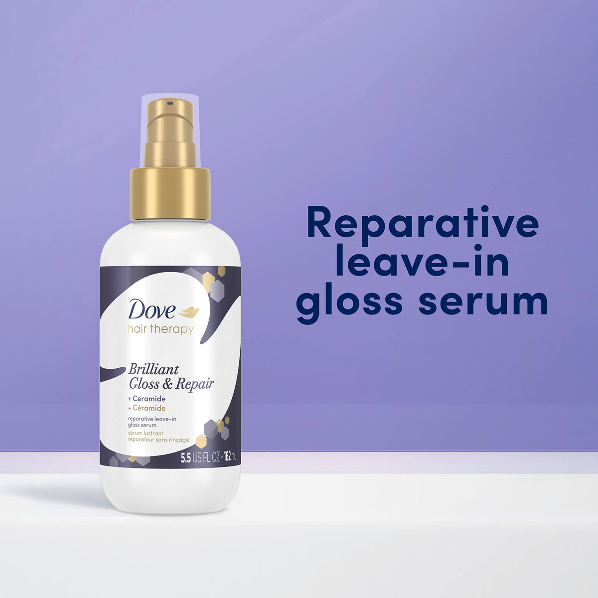 Before and after hair shot with Dove showing shinier, smoother-looking hair after use