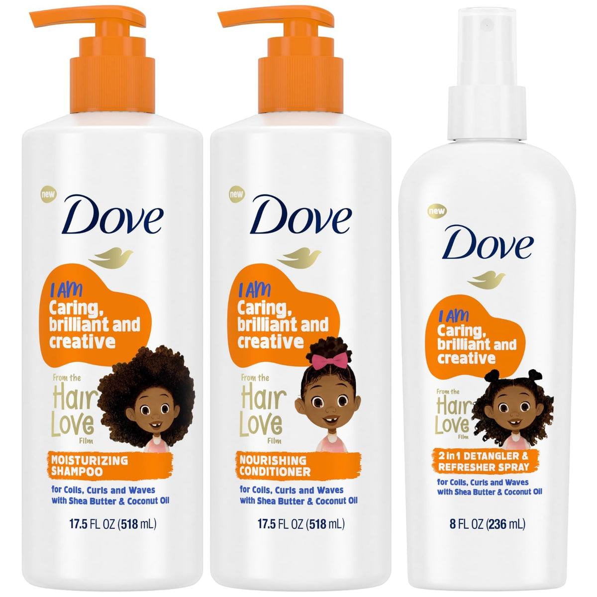 Dove front packaging showing complete Hair Love set and kid-friendly design benefit clarity